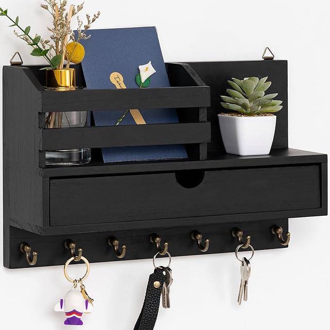 Key and Mail Holder for Wall, Mail Organizer Wall Mount with 6 Hooks and Storage Drawer, Wooden Key Rack Hanger with Shelf for Entryway and Home Decor