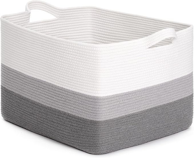 CLHMILY&Z Stylish Square Cotton Rope Storage Basket (Grey & White, 85L)