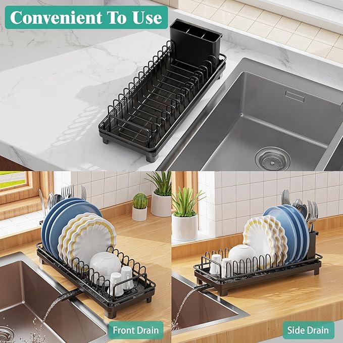Giwil Small Dish Drying Rack, Compact Dish Rack with Drainboard for Kitchen Counter, Multifunctional Rustproof Dish Drainer Plate Organizer Used Over Sink & on Countertop, Black