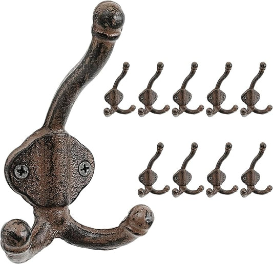 Dseap Cast Iron Wall Hooks L=5”, Heavy Duty Coat Hooks, Rustic Vintage Farmhouse Hook for Hanging Winter Coats Jackets Towels Hats Bags Plants, Antique Brown, Pack of 10 (GripBold)