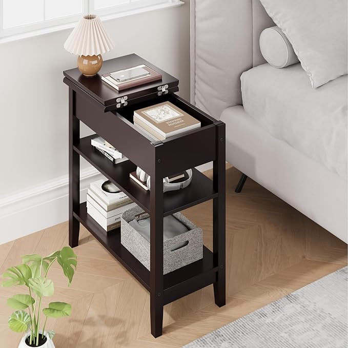 End Table, 3-Tier Flip Top Side Table, Narrow Nightstand with Storage Shelves, for Small Spaces, Living Room, Brown