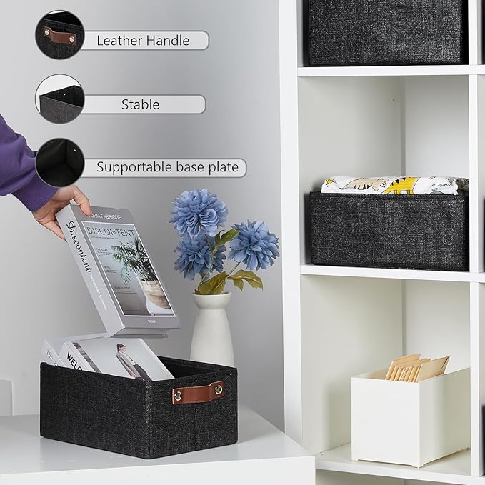 HNZIGE Fabric Decorative Organizers - 6 PCS Foldable Storage Bins with Handles for Closet Shelves (Black, 11.8 x 7.8 x 5.1)