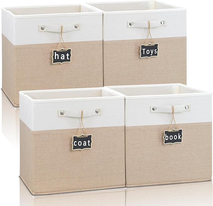 13x13x13 Inch Large Foldable Fabric Linen Cube Storage Bins【4-pack】, with Cotton Handles Closet Bins for Cabinet Shelves Home Organization and Storage bins(White&khaki)