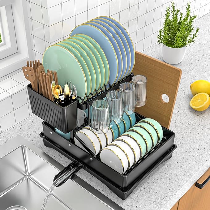 Large Dish Drying Rack 2 Tier for Kitchen Counter, Anti-Rust Metal Dish Rack with Lock & Lift System & Retractable Auto-Drain Spout, Escurridor de Platos with Cutting Board Holder, Black