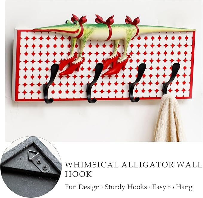 Decorative Wall Hook Rack with 4 Metal Hooks, 18" x 8" Red and White Vintage Plaid Panel, Whimsical Crocodile Wall Decor Organizer for Entryway, Kitchen, Living Room