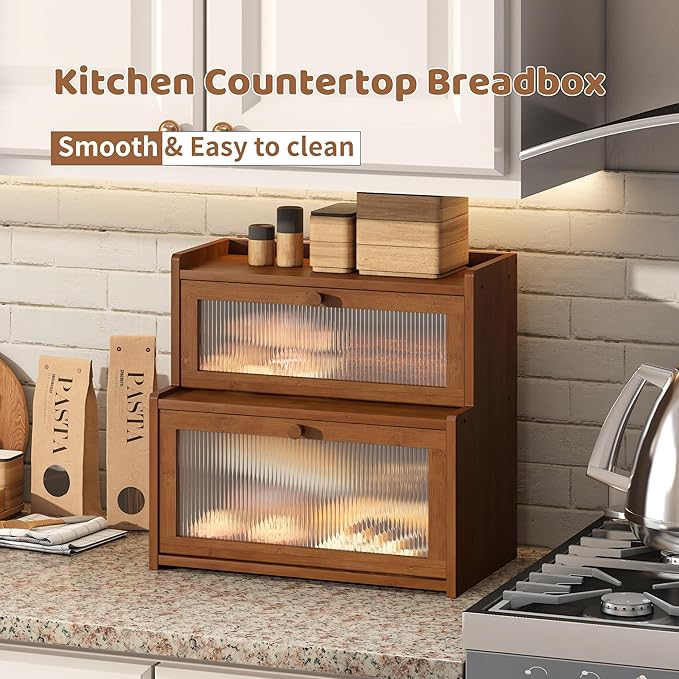 FILWH Bread Box for Kitchen Countertop Double Layer Large Corner Bread Box Capacity Bread Storage Bin Farmhouse Breadbox Container Organizer Cabinet Cupboard (Brown)
