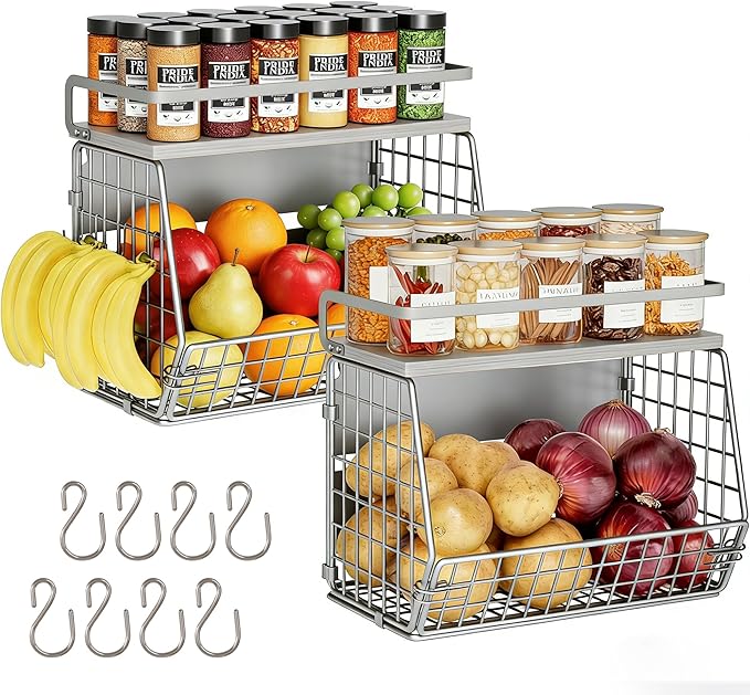 Fruit Basket 2 IN 1 Magnetic & Hanging Wall Produce Basket with Spice Rack for Potato and Onion Storage for Pantry,Kitchen Countertop and Fridge Organizer,2 PCS