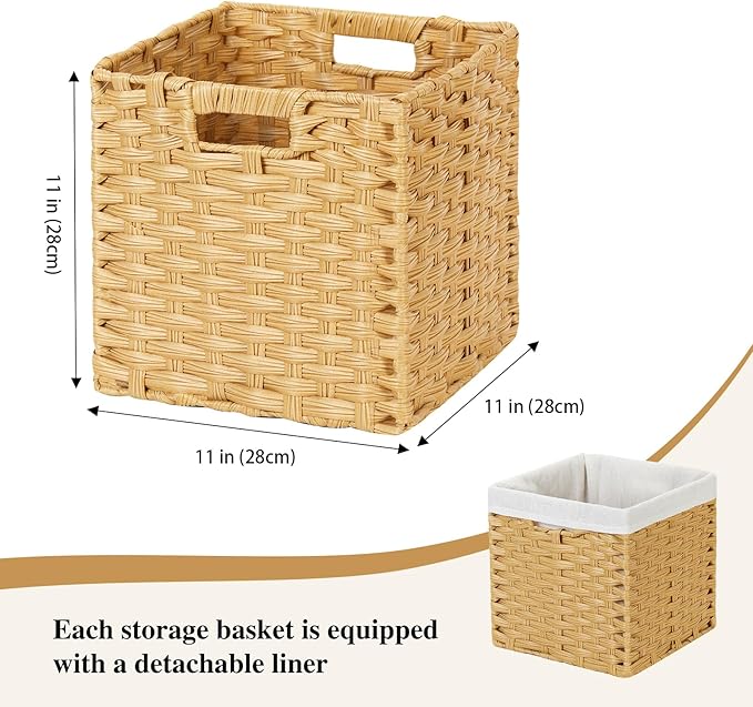 DULLEMELO Wicker Storage Baskets with Handles, Foldable Storage Cubes Set of 2 Plastic Wicker Baskets for Organizing Shelves,11 Inch Cube Baskets, Natural