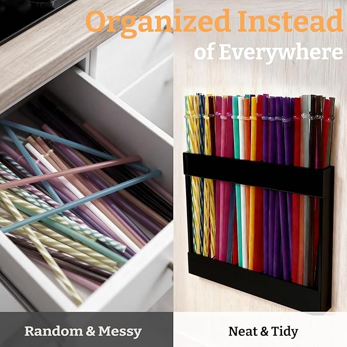 9.5” Large Acrylic Straw Holder for Cabinet Door with Ultra Sticky Adhesive Squares and Stickers, 2026 Reusable Straws Organizer Storage Dispenser for Kitchen Counter Cupboard