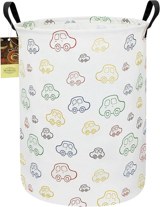 HUNRUNG Laundry Hamper,Large Canvas Fabric Lightweight Storage Basket Toy Organizer Dirty Clothes Collapsible Waterproof for College Dormsï¼Round-Carï¼