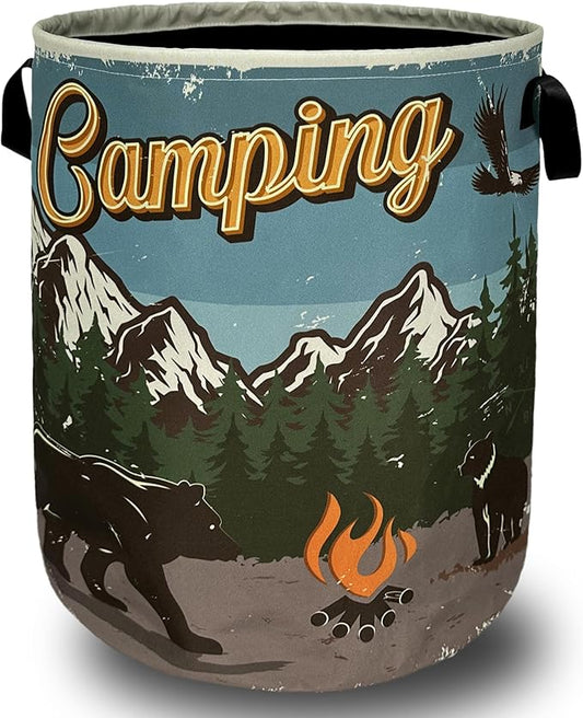 Retro Camping Mountain Bear Laundry Basket Foldable With Handles Tote Bag Oxford Cloth Funny Laundry Hamper Clothes Storage Bucket Toy Organizer For Bathroom/Laundry/Bedroom 18.9" x 16.5 "