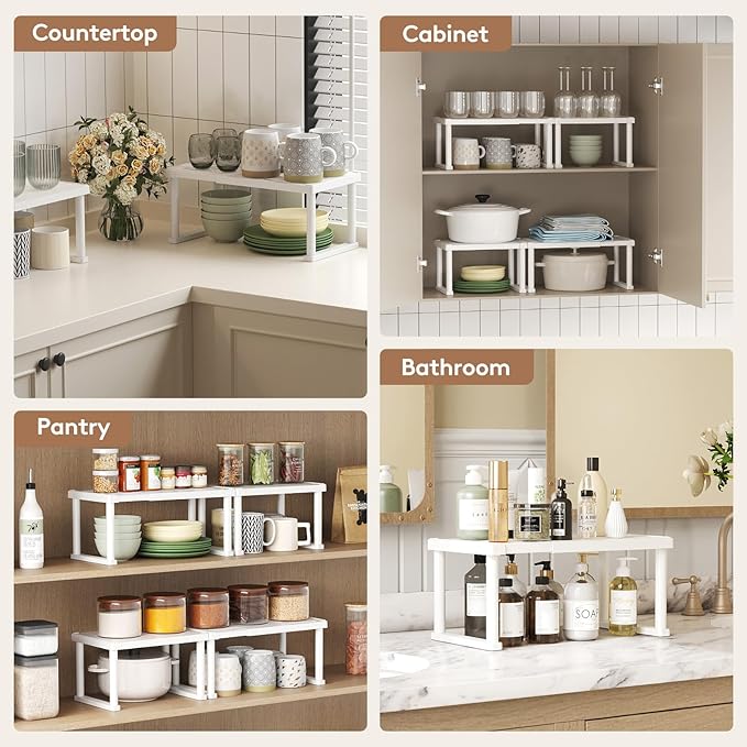 Lifewit Cabinet Shelf Organiser, Expandable Countertop Kitchen Shelves, Plastic Shelf Riser for Pantry Kitchen Storage and Spice Rack, Set of 3, 40 x 21 x 18cm/16 x 8 x 7 inch, White