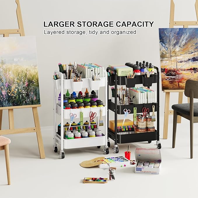 3 Tier Rolling Cart Metal with Wheels, White Three Tiered Storage Cart on Wheels, Utility Trolley Carts Organizer for Kitchen Storage, Pantry, Snack, Craft, Art, Lash, Makeup, Bathroom, Dorm Supply