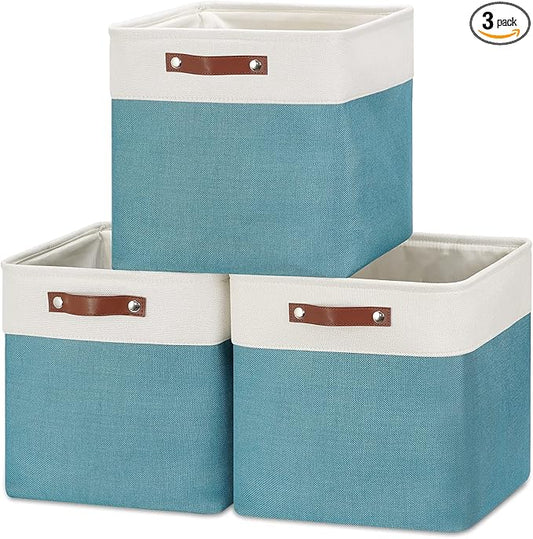 HNZIGE Foldable Storage Cubes & Baskets (3 Pack) - 13 Inch Storage Bin with Leather Handles for Toys, Clothes, Kids, Closet (White & Teal)