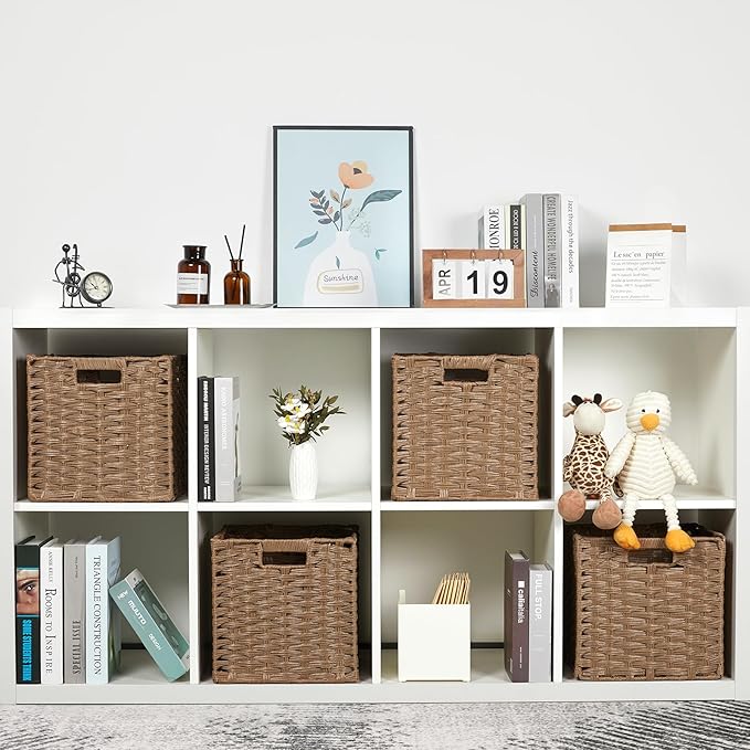 DULLEMELO Wicker Storage Baskets 11x11 Storage Cube Bins Foldable Plastic Cubby Baskets for Shelves Set of 2 Waterproof Woven Storage Bins for Organizing Pantry,Closet,Toys - Brown