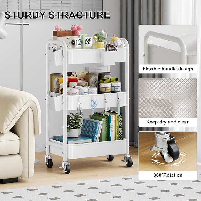 3 Tier Rolling Cart Metal with Wheels, White Three Tiered Storage Cart on Wheels, Utility Trolley Carts Organizer for Kitchen Storage, Pantry, Snack, Craft, Art, Lash, Makeup, Bathroom, Dorm Supply