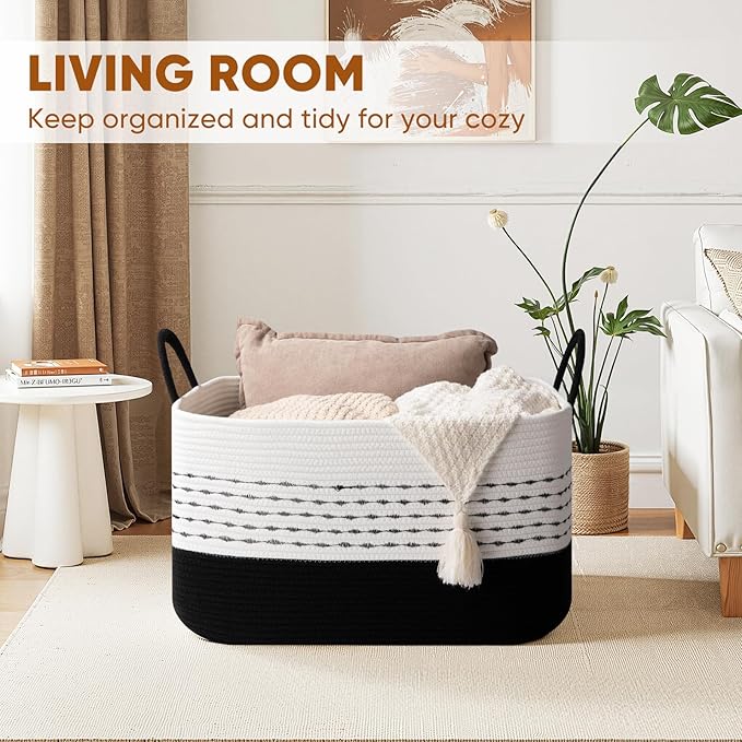 Large Blanket Basket for Living Room, 75L Woven Storage Baskets for Organizing, Rectangle Cotton Rope Basket With Handles-Black & White