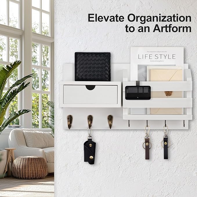 Wall Mount Key Holder with Mail Organizer, 100% Paulownia Wood, 7 Metal Hooks, Storage Drawer, Entryway Home Decor (White)
