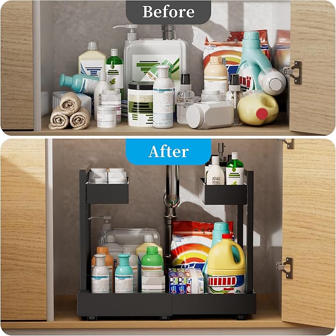 NEWMATIC Adjustable Under Sink Organizer Pull Out Drawers, 2-Tier Slide Out Cabinet Storage Shelf for Kitchen Sink, Height & Width Extendable Black, 15''D x 13''-20.5''W x 15''H(1Pack)