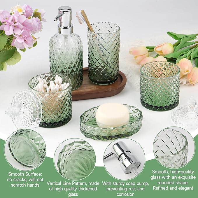 5Pcs Glass Bathroom Accessories Set,Green Vintage Bathroom Accessory Set, Bathroom Counter Sink Toothbrush Holder Set Includes Hand/Lotion Soap Dispenser & Tumbler & Soap Dish & Qtip Holders