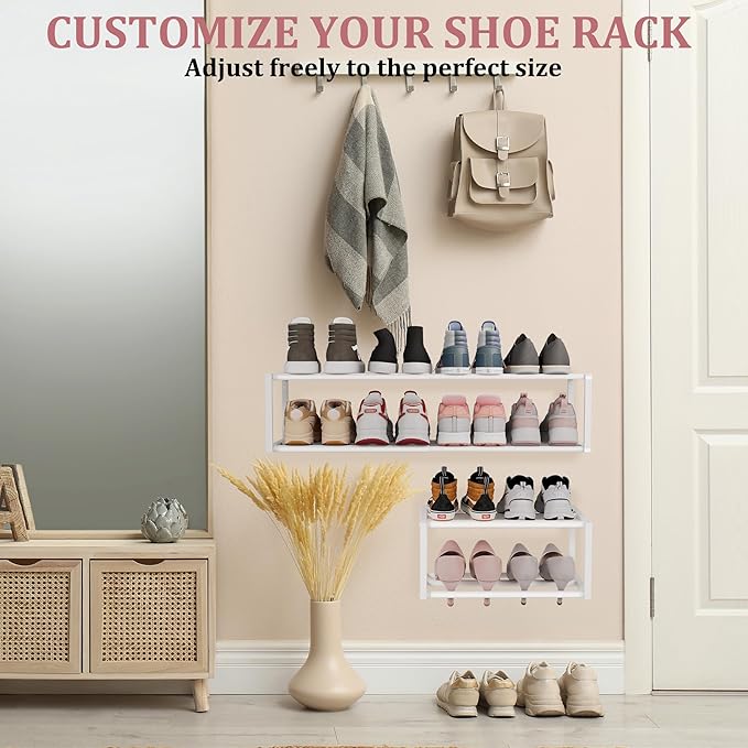 Expandable Wall Mounted Shoe Rack, 17"-31" Adjustable Hanging Shoe Rack Holds 8 Pairs, Heavy Duty Metal Shoe Holder with 2 Storage Hooks, Space Saving for Entryway Closet Doorway（White）