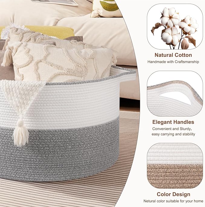 XXL Large Blanket Basket with Handles, 105L Woven Storage Basket for Living Room, Cotton Rope Baby Toy Storage for Clothes, Pillows, Towels-Grey & White