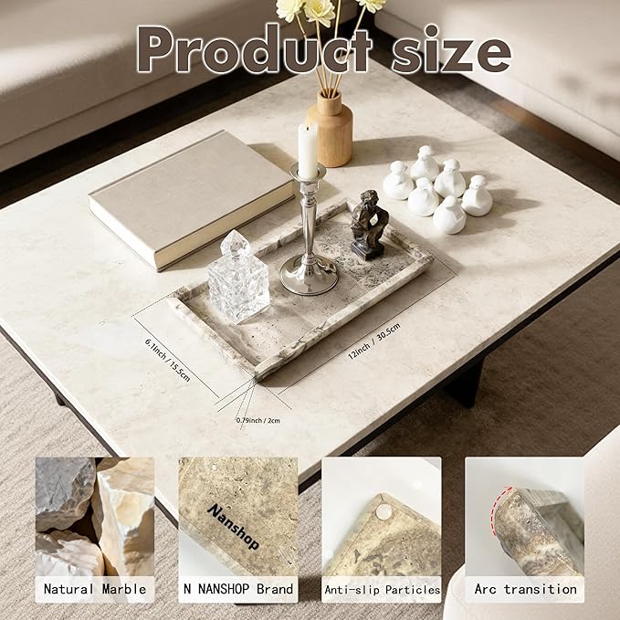 Natural Travertine Marble Vanity Bathroom Tray, 12 x 6 Inch Elegant Home Decor Tray for Kitchen,Bathroom,Dresser, Coffee Table,Sink Storage Holder Organizer, Gray Travertine (NS052)