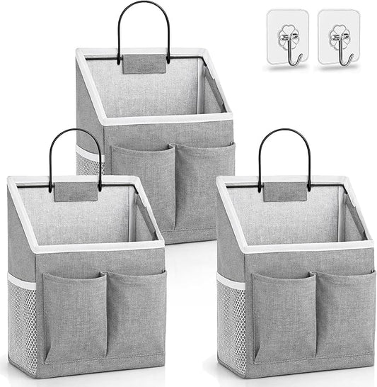 3pcs Wall Hanging Organizer Bag, Linen Fabric Door Hanging Storage Basket with Pockets, Waterproof Bin for Kitchen, Bedroom, Office, RV Camper (Gray)