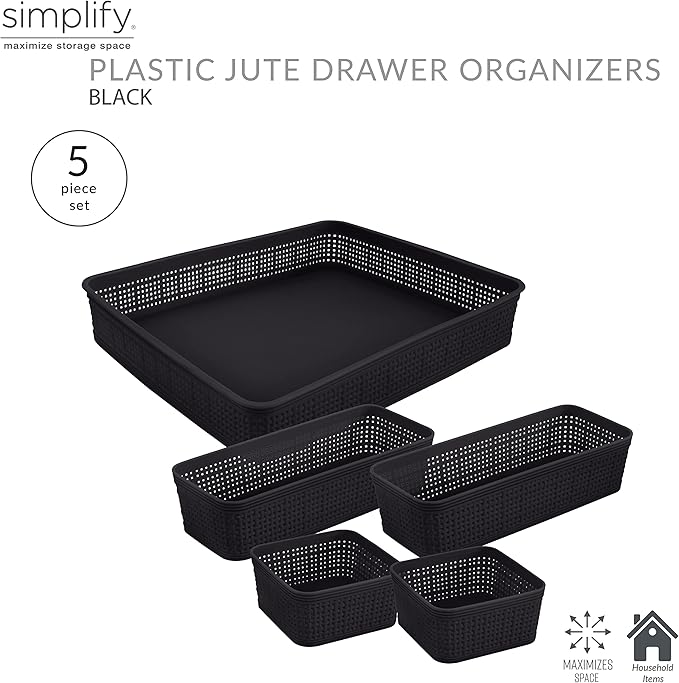 Simplify 5 Piece Organizing Set | Multiple Size Bins | Multipurpose | Office | Desk | Dorm | Bathroom | Storage Basket | Small Items | Accessories | Black