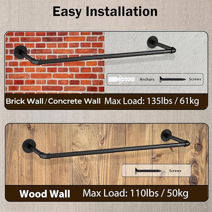 Wall Mounted Clothes Rack 21.06in, Industrial Pipe Wall Mount Clothing Rack, Heavy Duty Iron Garment Racks, Space Saver Multi-purpose Hanging Rod for Laundry Room, Closet Storage, 1 Pack