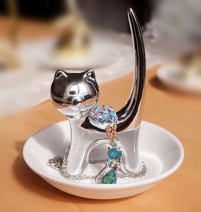 PUDDING CABIN Ring Holder Dish, Sliver Cat, Jewelry Storage for Women, Cat Lover Gifts, Christmas, Mother's Day, Birthday, Wedding, Engagement, Valentine's Day