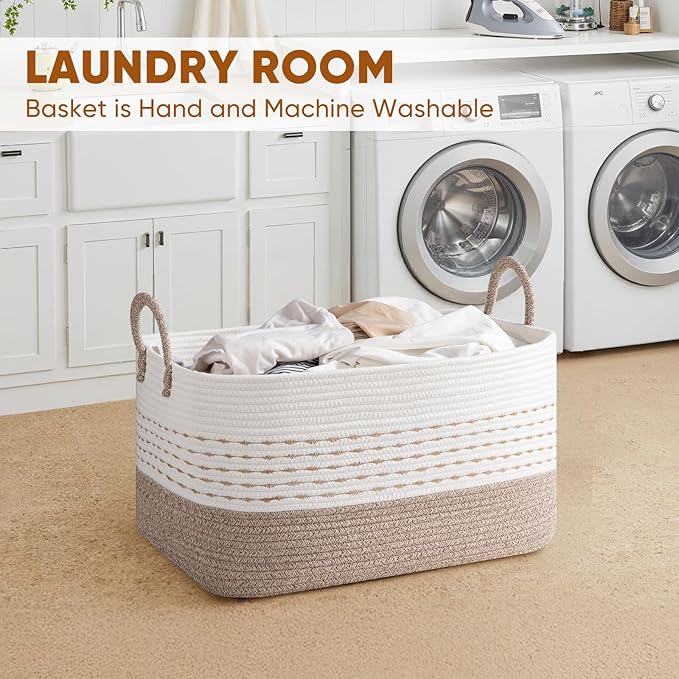 Large Blanket Basket for Toys, Pillow and Clothes, 75L Woven Storage Baskets for Blankets Living Room, Rectangle Cotton Rope Toy Basket with Handles-Brown & White