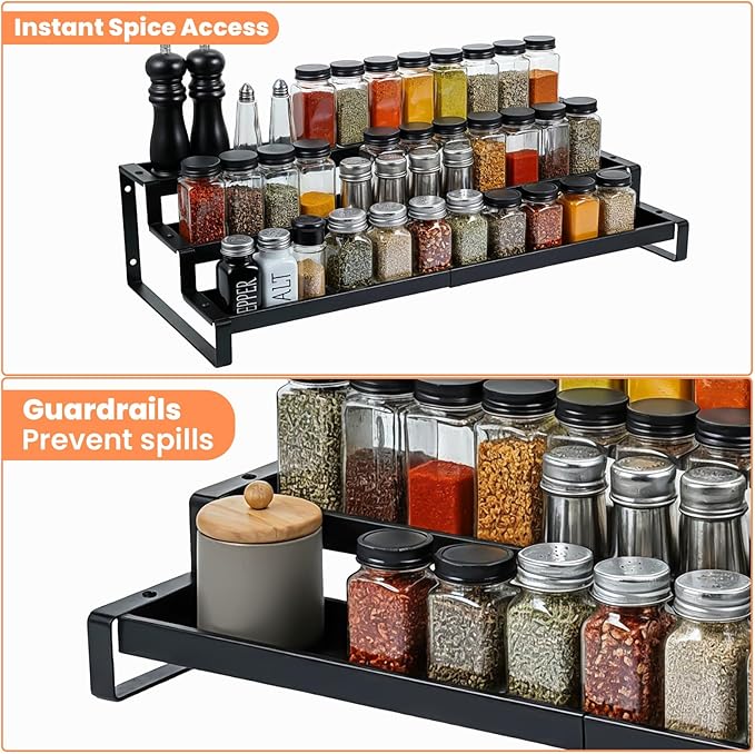 Spice Rack Organizer for Cabinet, Expandable 3 Tiered Spice Rack, Metal Spices Organizer, Display Shelf Organizers for Cabinet, Countertop, Pantry, Cupboard (Black)