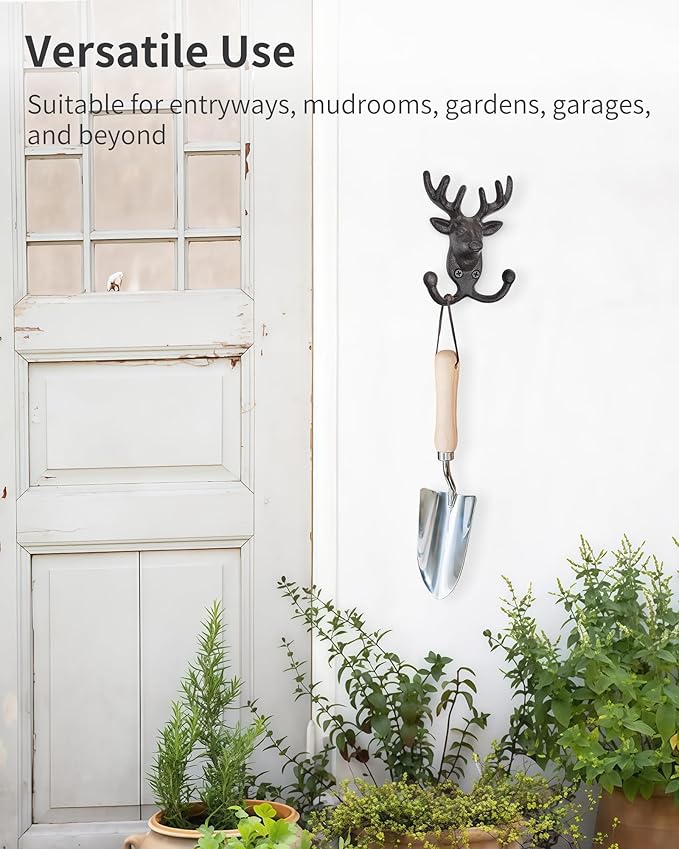 Rustic Deer Head Cast Iron Wall Hooks - Heavy Duty Decorative Coat Hooks Wall Mount for Hanging Key Hat Towel Leash, Vintage Animal Decor Hanger for Farmhouse Cabin Entryway Mudroom 3 Pack
