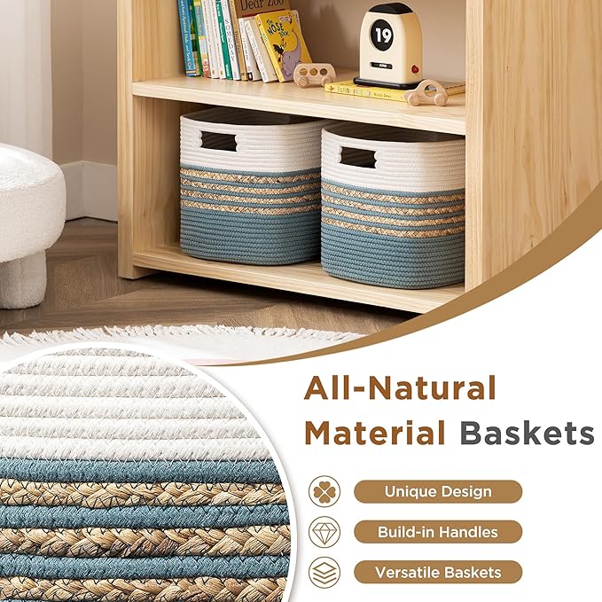 UBBCARE Set of 3 Storage Cubes 11 X 10.5 X 10.5 in, Water Hyacinth Storage Bins for Shelves, Toys, Book, Storage Baskets with Handles, Cotton Rope Woven Baskets for Organizing, Light Blue