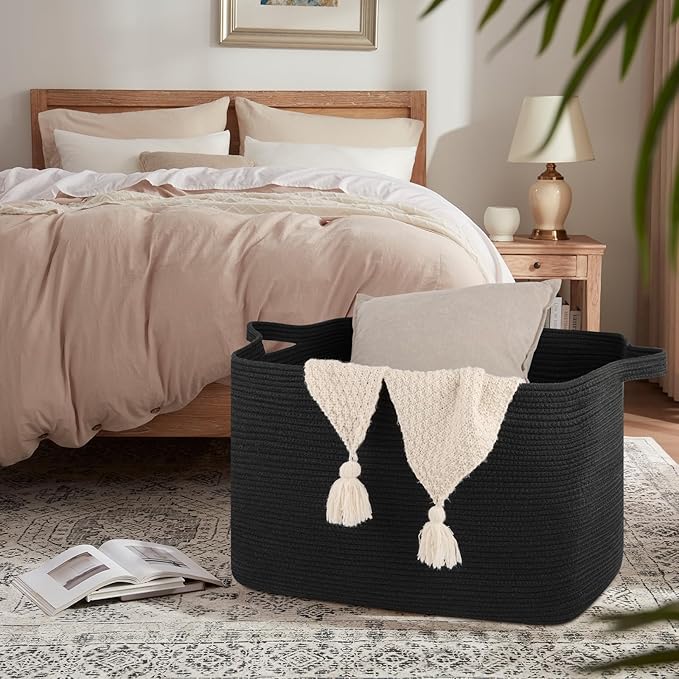 118L Extra Large Blanket Basket, 24.8"x17.7"x16.2" Woven Rope Baskets for Storage, Nursery Blanket Storage for Living Room, Toy Basket with Handle Organizing Comforter Cushions Pillows, Black