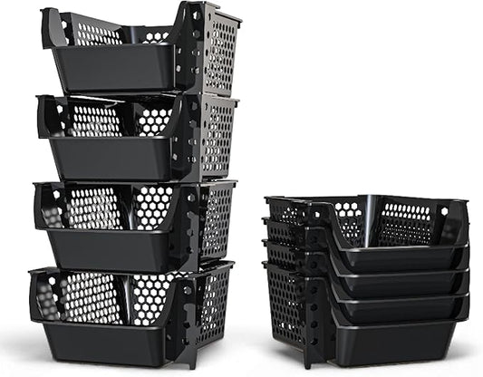 Skywin TidyFriend Stackable Storage Bins for Pantry, 4 Pack Stackable Bins for Organizing Snacks, Toiletries, and Small Essentials (Black)