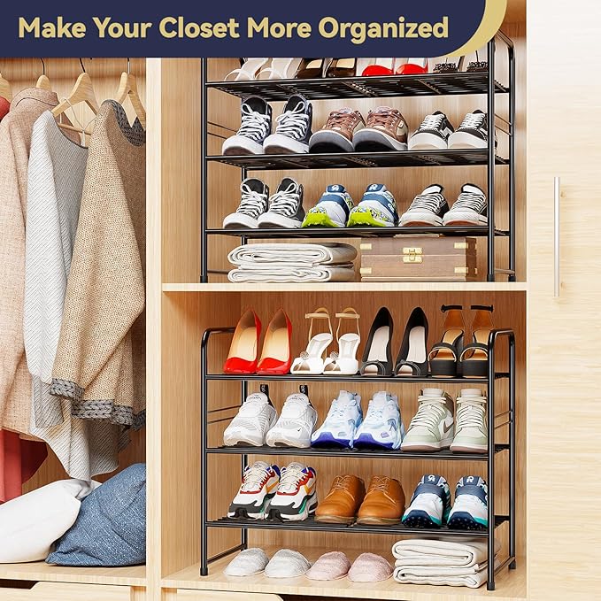 Shoe Organizer for Closet, Shoe Shelf Rack Metal 3 Tier with Stackable & Heavy Duty, Black
