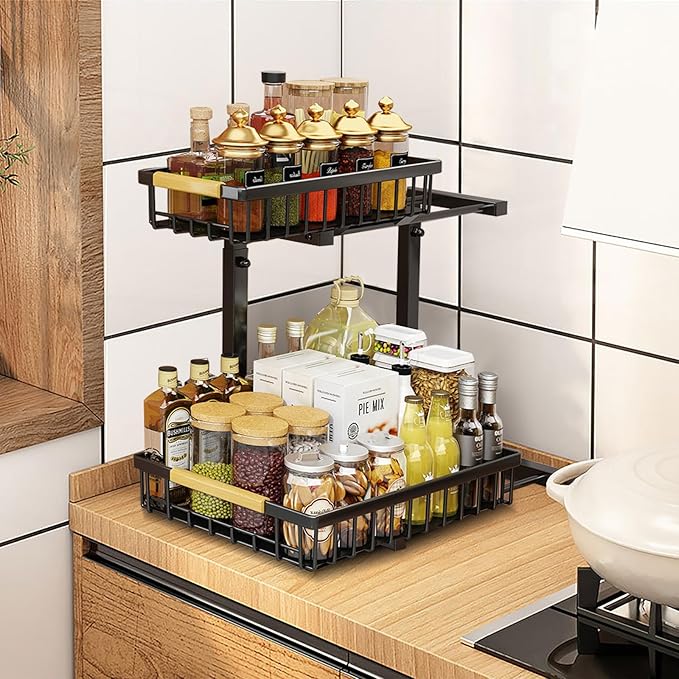LUWUIDEN Under Sink Organizer and Storage: 2-Tier Adjustable Height Under Sink Bathroom Organizers Multi-Purpose Bathroom Cabinet Pull Out Drawers for Kitchen with Hooks (Black)