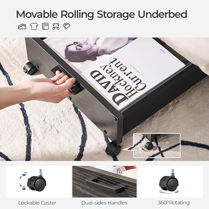 Under Bed Storage with Wheels, Wooden Under Bed Drawers On Wheels, Rolling Under Bed Shoe Storage, Space Saving, Black,30L
