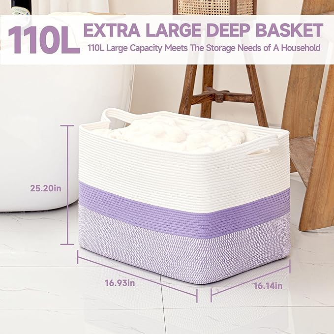 CLHMILY&Z Stylish Square Cotton Rope Storage Basket (Purple & White, 110L)