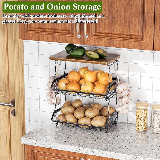 3-Tier Fruit Basket for Kitchen Counter with Banana Hangers, Countertop Organizer Fruit Bowls with Wood Top, Fruit Storage Basket Stand for Storage Potato Onion Bread Snack Fruit Veggie
