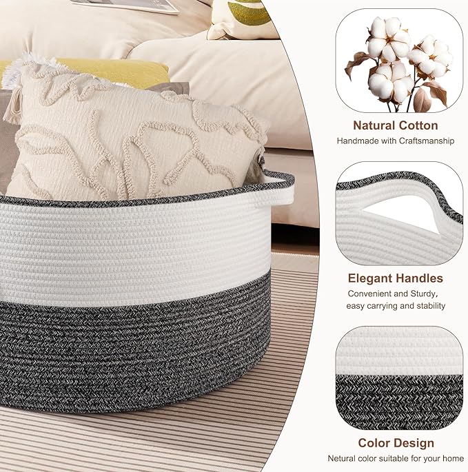 Large Blanket Basket with Handles, 22.8" x 22.8" x 13" Woven Storage Basket for Living Room, Cotton Rope Baby Toy Storage for Clothes, Pillows, Towels-Black & White