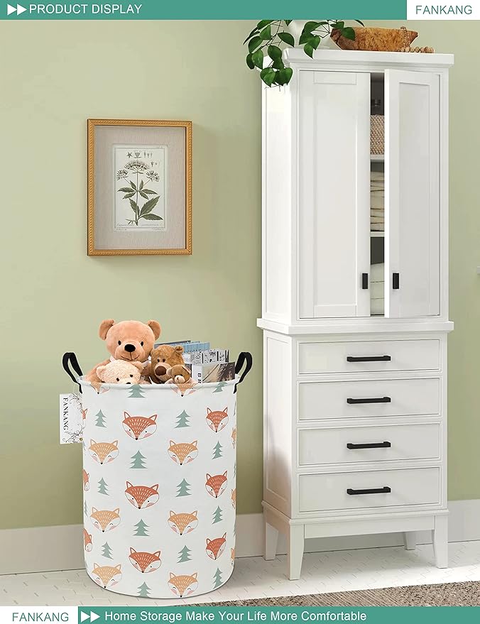 FANKANG Storage Basket, Nursery Hamper Canvas Laundry Basket Foldable with Waterproof PE Coating Large Storage Baskets for Kids Boys and Girls, Office, Bedroom, Clothes,Toysï¼Fox ï¼