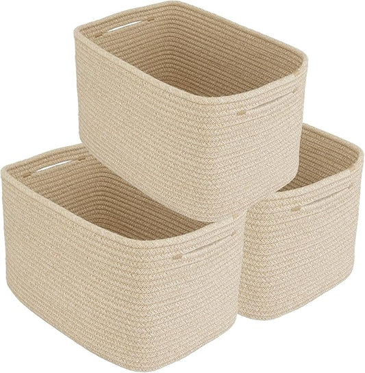 Rope storage Basket Bins Woven Basket for Organizing Shelves 15X10X9.3" Rectangle Decorative Baskets For storage Clothes Toys Books Towels Nursery basket organizer 3 pack Oatmeal