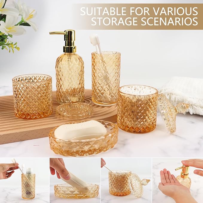 5Pcs Clear Gold Bathroom Accessories Set,Glass Bathroom Accessory Set, Bathroom Counter Sink Toothbrush Holder Set Includes Hand/Lotion Soap Dispenser & Tumbler & Soap Dish & Qtip Holders