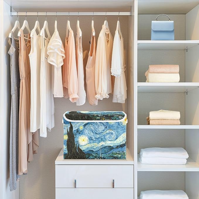 Collapsible Storage Bins with Lids Decorative Fabric Storage Cubes Closet Organizer and Storage Basket Boxes Containers for Clothes Box Chest Folding Rectangle Starry Night