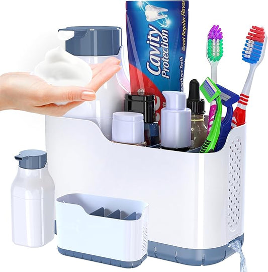 Toothbrush Holders for bathrooms, Tooth Brush Holder, Soap Dispenser with Toothpaste and Toothbrush Organizers, 2 in 1 Bathroom Countertop Organizer Set