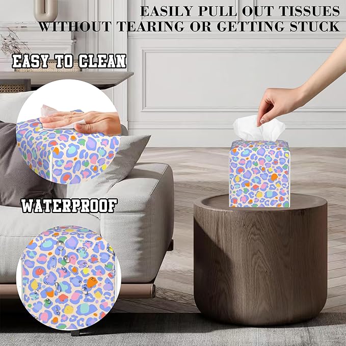 Tissue Box Cover Rainbow Leopard Skin Leather Tissue Box Holder Cube Paper Case Cover Facial Paper Organizer Dispenser for Bathroom, Vanity Countertop, Office Desk