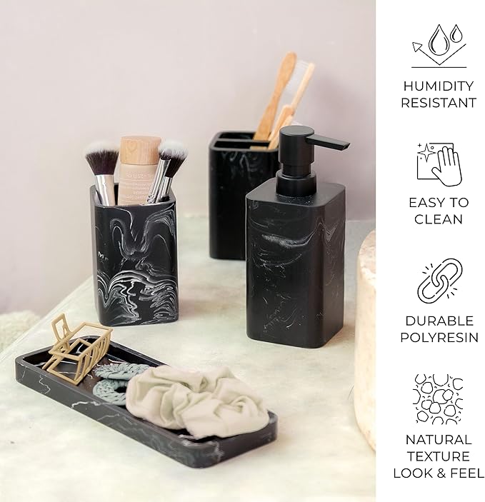 ZCCZ Bathroom Accessories Set, 4-Piece Marble Pattern with Soap Dispenser, Toothbrush Holder, Tumbler, and Soap Dish for Modern Bath Décor, Elegant and Durable Design for Home or Office Bathrooms